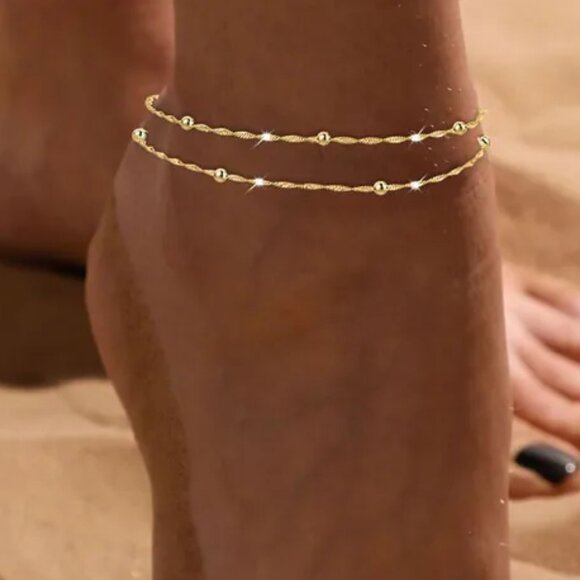 3/$35 Double Layer Stainless Steel Gold Beaded Chain Anklet Beach Summer Jewelry - Picture 7 of 7